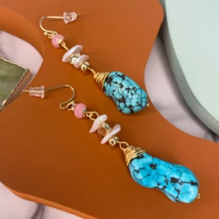 Turquoise, Rose Quartz & Pearl Dangle Earrings