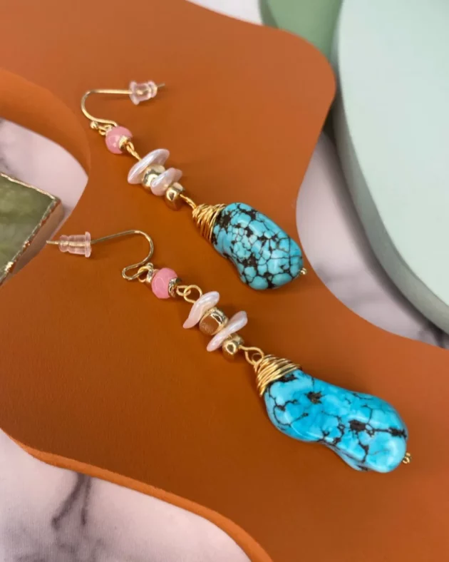 Turquoise, Rose Quartz & Pearl Dangle Earrings